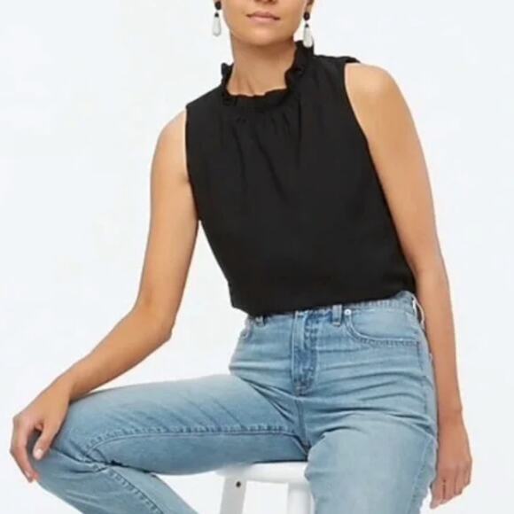 J. Crew Ruffle Neck 360 Crepe Top Black Sleeveless Wrinkle Resistant Size XS - Picture 1 of 9